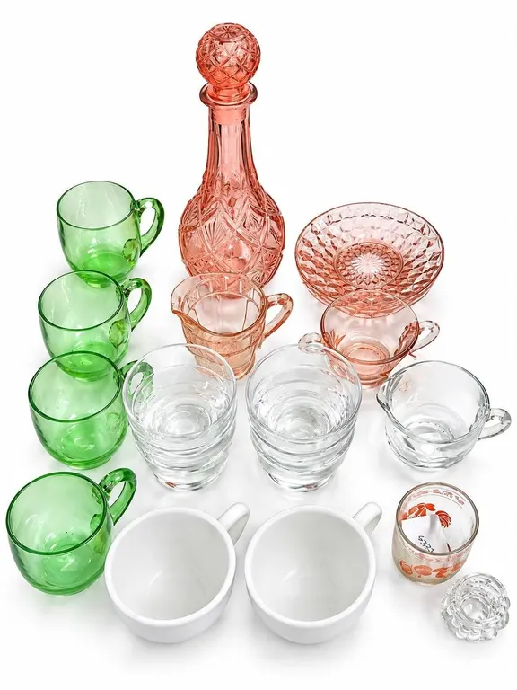Glassware Lot Including Pink Decanter, Glass Cups, Creamer and Sugar Bowl