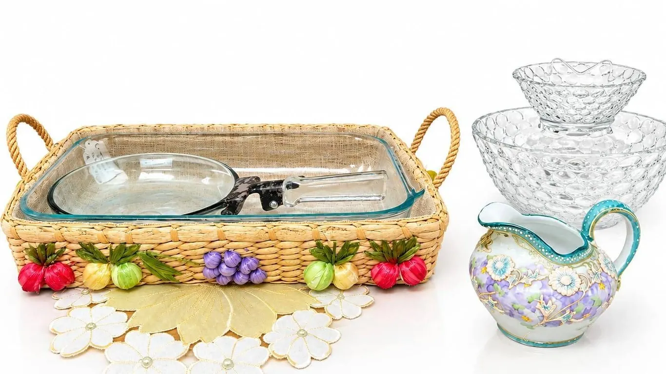 Kitchenware Lot with Glass Dishes, Ceramic Creamer, and Serving Utensil