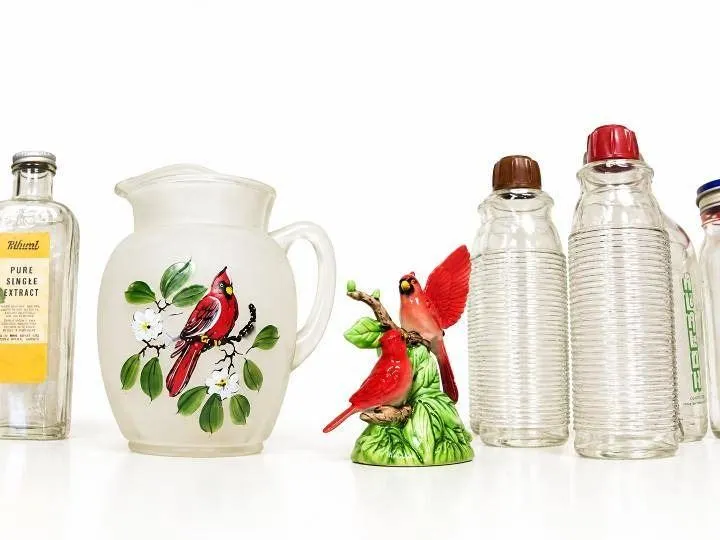 Vintage Kitchenware and Decor, Cracker Jack Tin, Glass Bottles, Ceramic Items