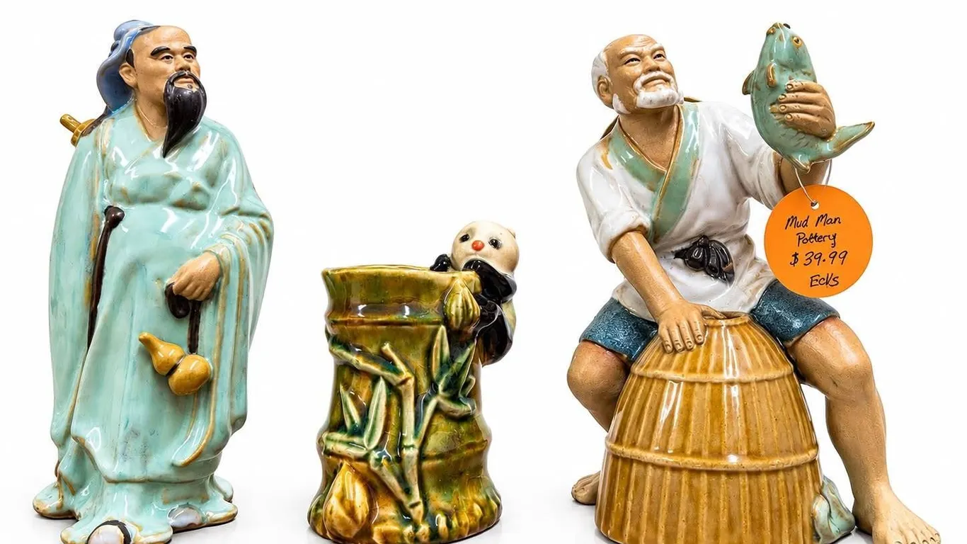 3 Chinese Mudman Pottery Figurines with Glazed Finish