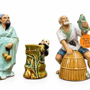 3 Chinese Mudman Pottery Figurines with Glazed Finish