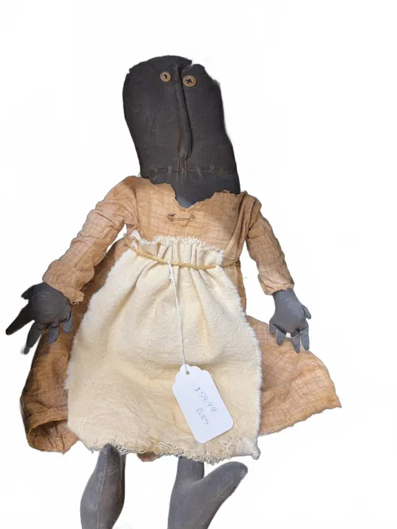 Handmade Cloth Rag Doll with Black Fabric Face, Button Eyes, Plaid Dress and Apron