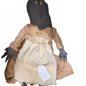 Handmade Cloth Rag Doll with Black Fabric Face, Button Eyes, Plaid Dress and Apron