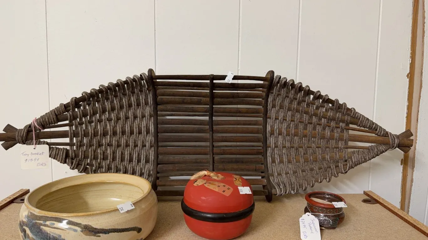 Decorative Items Including Woven Tray, Ceramic Bowls, and Painted Red Box
