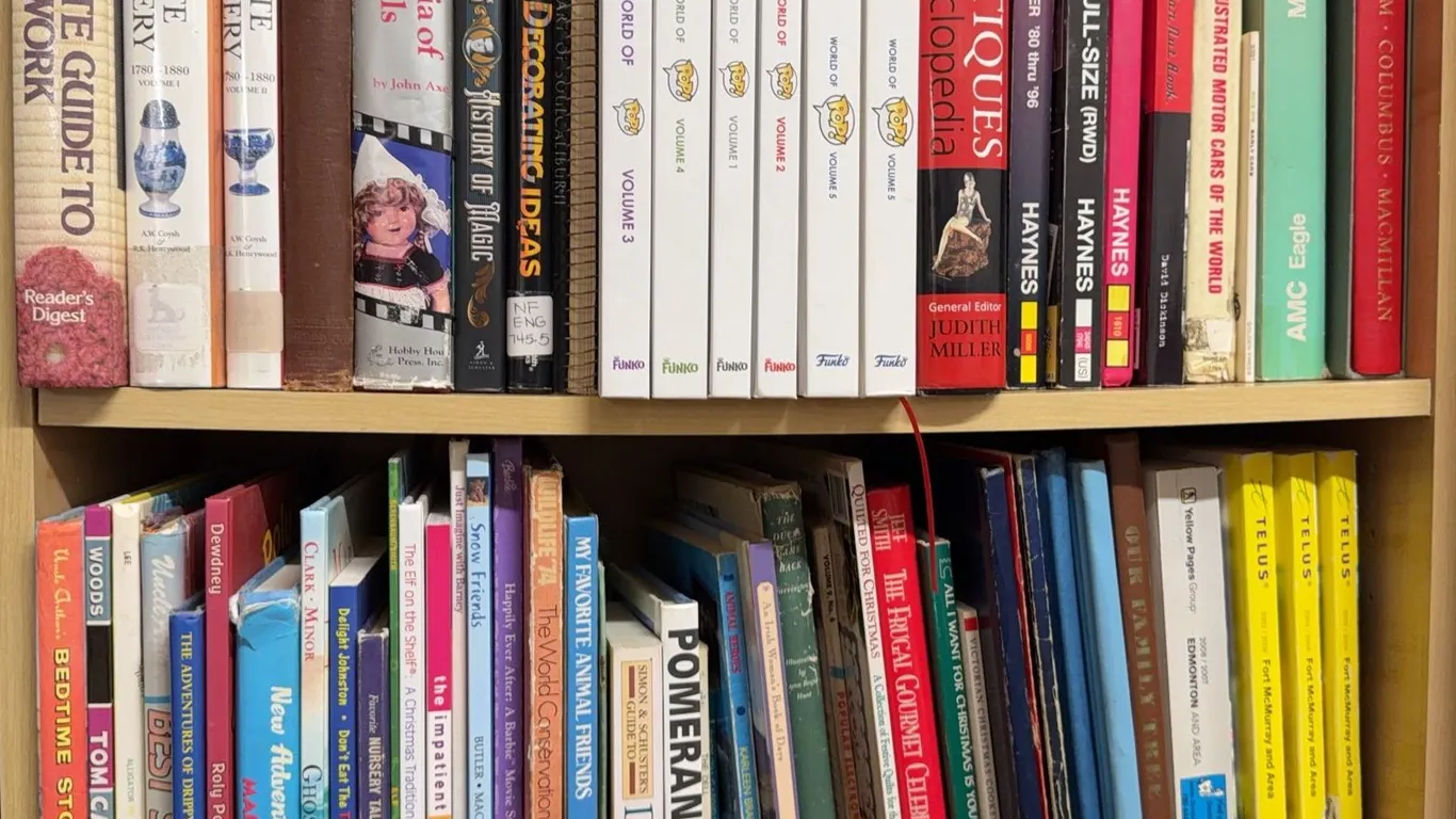 Bookshelf Lot: Guides, Animal Books, Antiques, Needlework, Reference Including TELUS