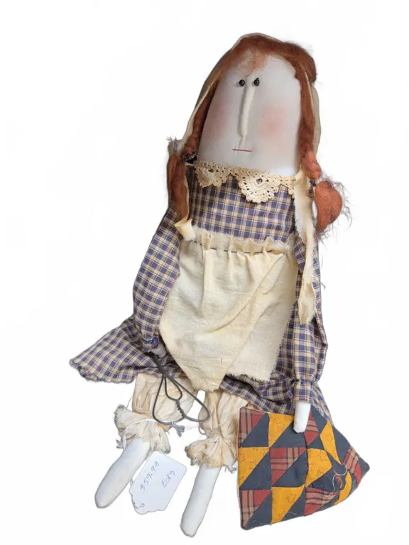 Handmade Rag Doll with Red Yarn Hair, Plaid Dress, Apron and Patchwork Quilt