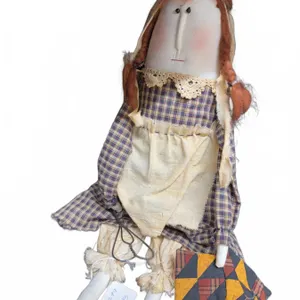 Handmade Rag Doll with Red Yarn Hair, Plaid Dress, Apron and Patchwork Quilt