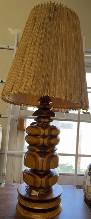 Mid-Century Modern Stacked Wood Table Lamp with Pleated Fabric Shade