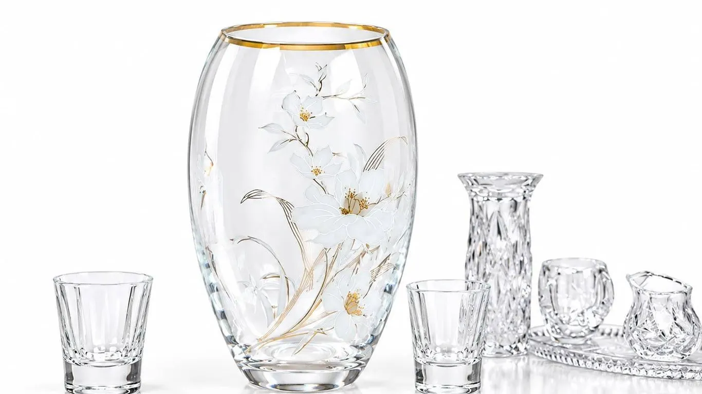 Glass Vase with White and Gold Floral Design, Shot Glasses and Crystal Pitcher Set