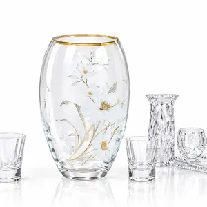 Glass Vase with White and Gold Floral Design, Shot Glasses and Crystal Pitcher Set