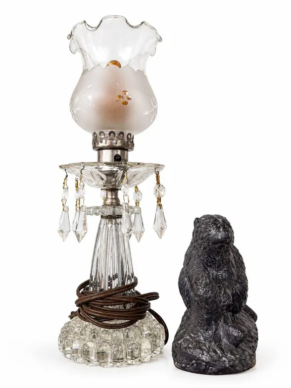 Glass Table Lamp With Crystal Prisms and Frosted Shade Plus Beaver Figurine