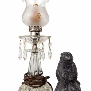 Glass Table Lamp With Crystal Prisms and Frosted Shade Plus Beaver Figurine