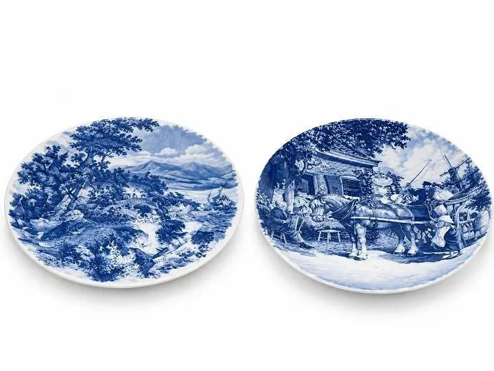 Two Blue and White Decorative Plates and Two Clear Glass Serving Platters
