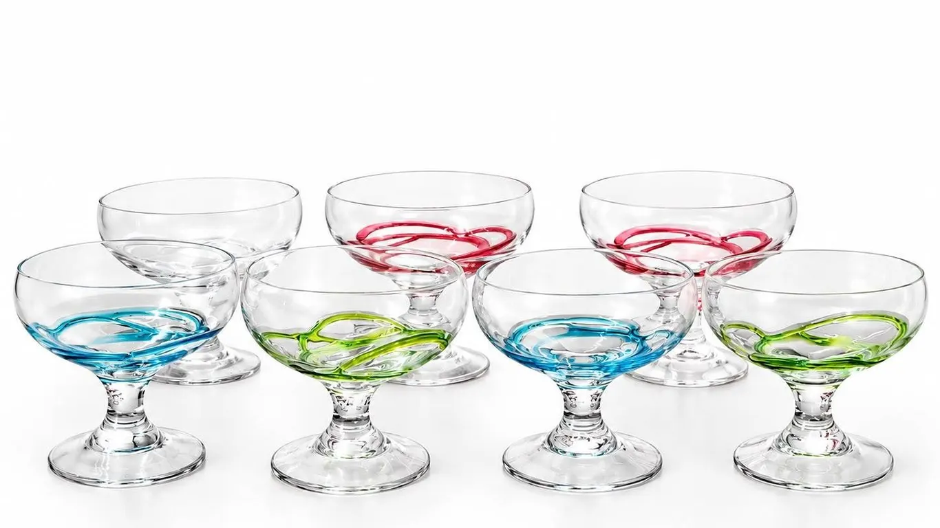 6 Swirl Stemmed Glass Dessert Coupes With Coloured Accents