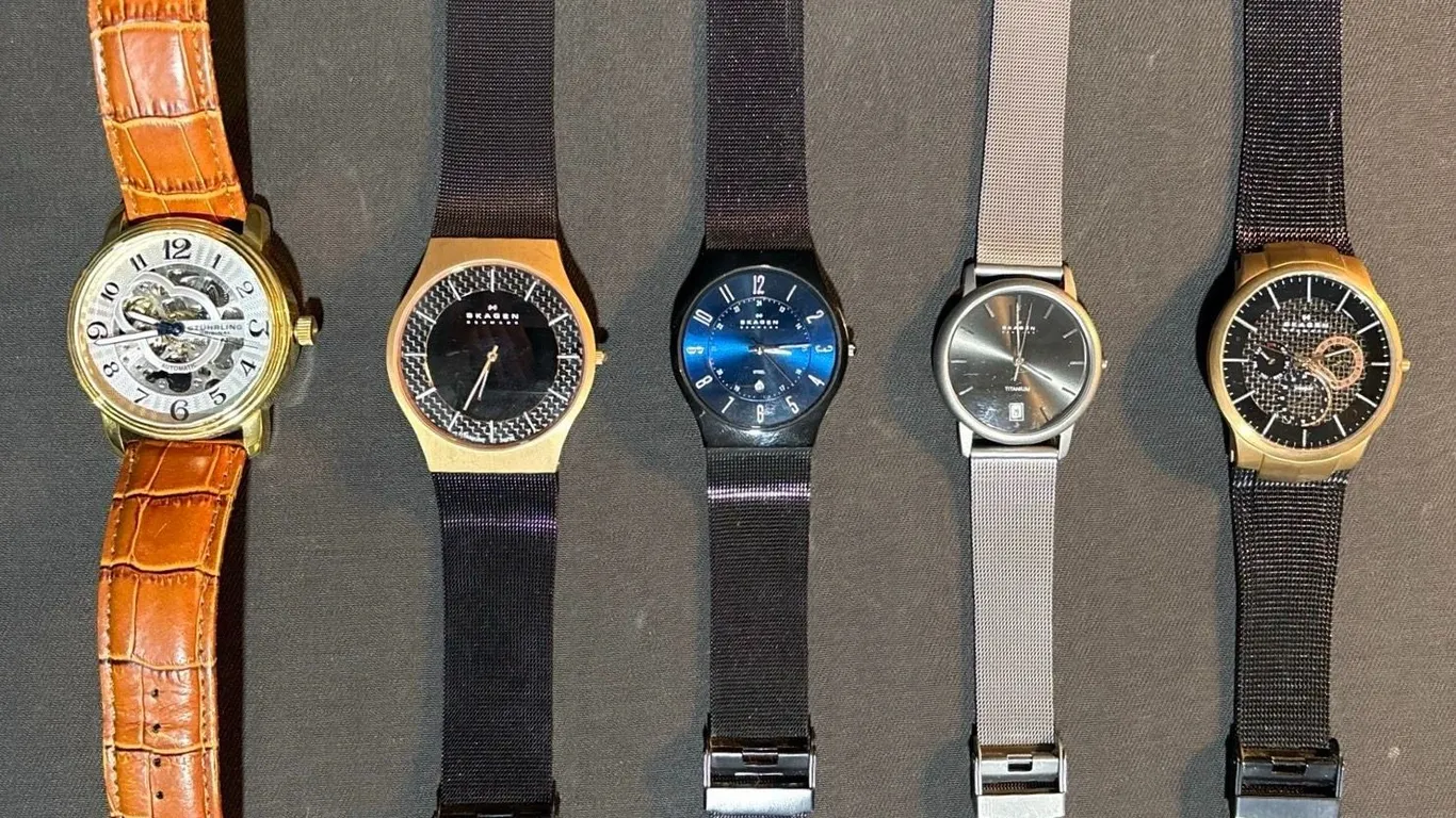 Five Watch Lot: Stührling Automatic Skeleton, Skagen Stainless Assortment