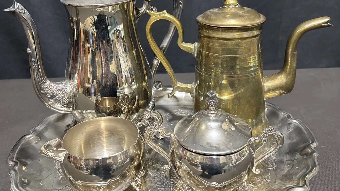 Tea Set With Silver Plate Service, Brass Coffee Pot, And Tray
