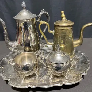 Metal Tea Set With Silver Plate Service, Brass Coffee Pot, And Tray, 5 Pieces