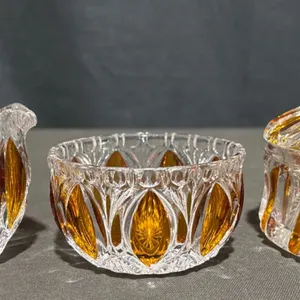 Pressed Glass Creamer, Sugar Bowl, and Lidded Dish with Amber Accents, Set of 3