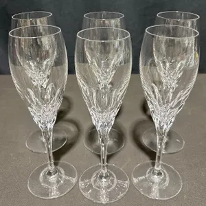 6 Nachtmann Crystal Champagne Flutes with Cut Leaf Decor and Starburst Base Etching