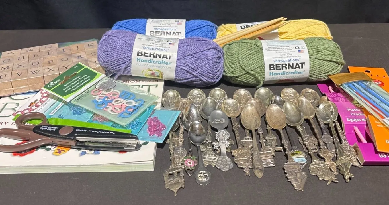 Needlecraft Lot: Bernat Yarn, Crochet Tools, Crochet Book, More