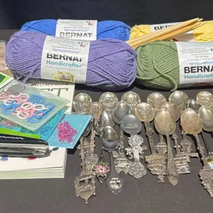 Crafting Lot: Bernat Yarn, Crochet Tools, Book, Souvenir Spoons and Alphabet Stamps