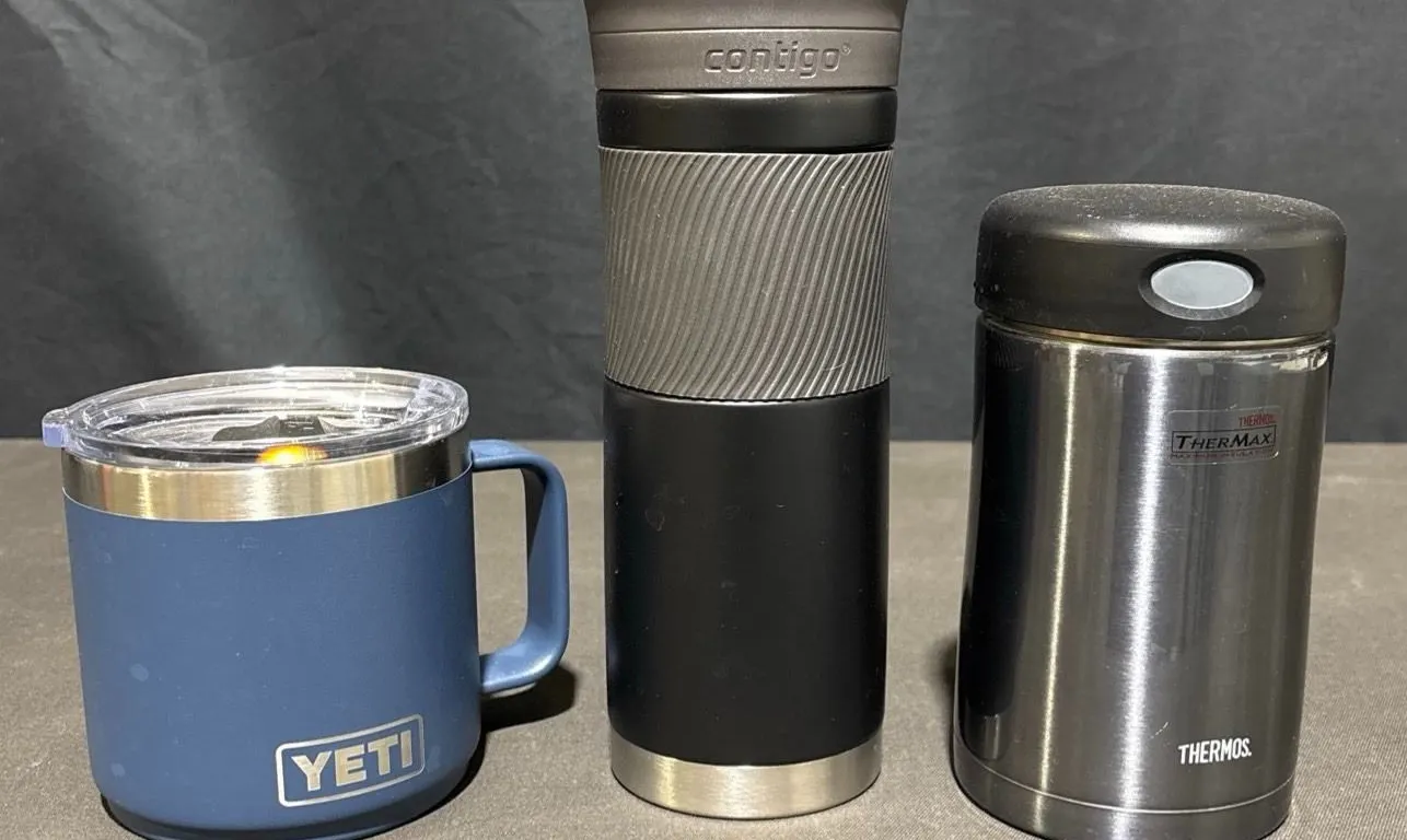 YETI Rambler Mug, Contigo SnapSeal Travel Mug, and Thermos Stainless Steel Food Jar