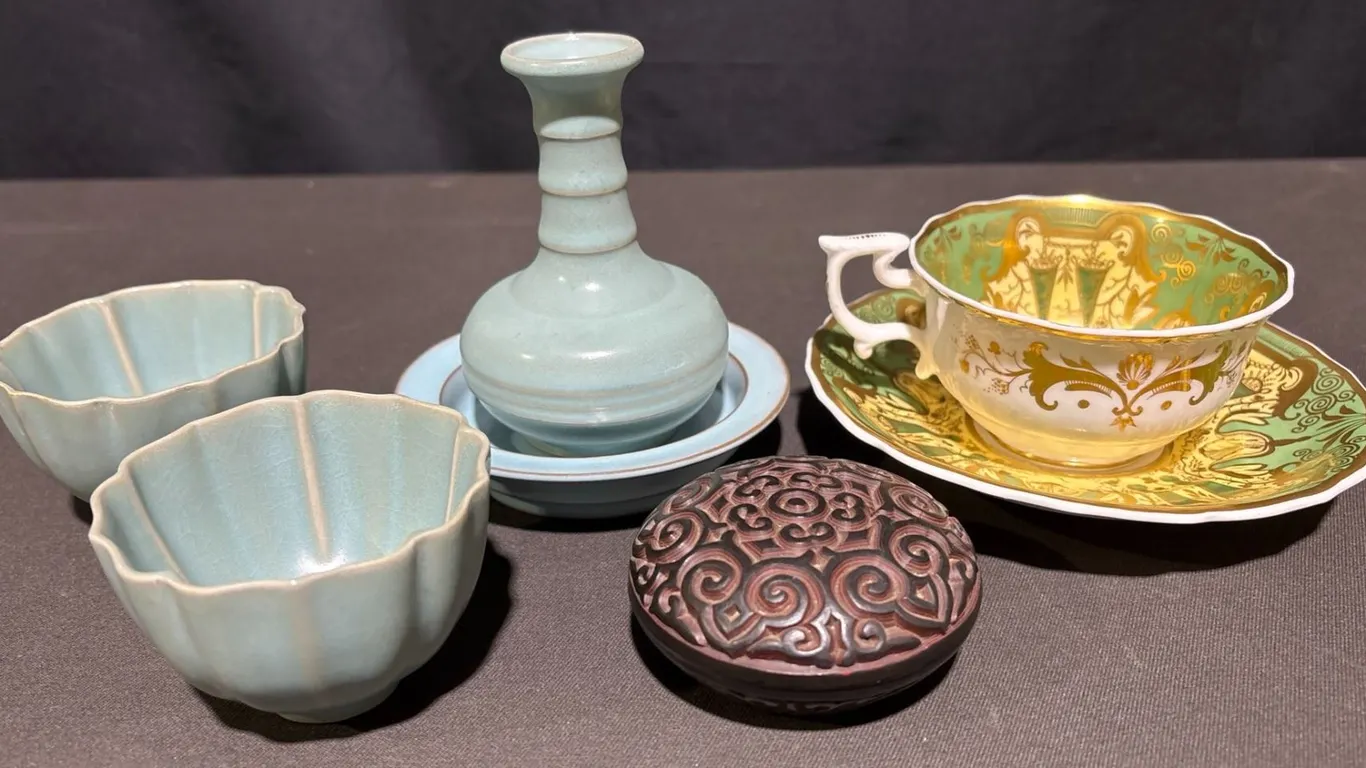 Decorative Ceramics: Royal Chelsea Teacup Set, Chinese Celadon Bowls, More