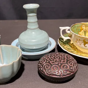 Ceramics: Royal Chelsea Teacup Set, Chinese Celadon Bowls, Snuff Bottle, Box