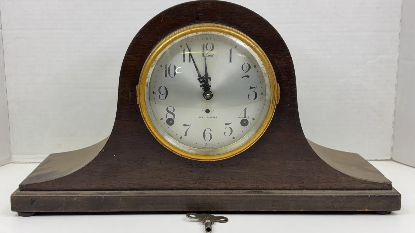 Seth Thomas Tambour Mantel Clock with Key Time and Strike