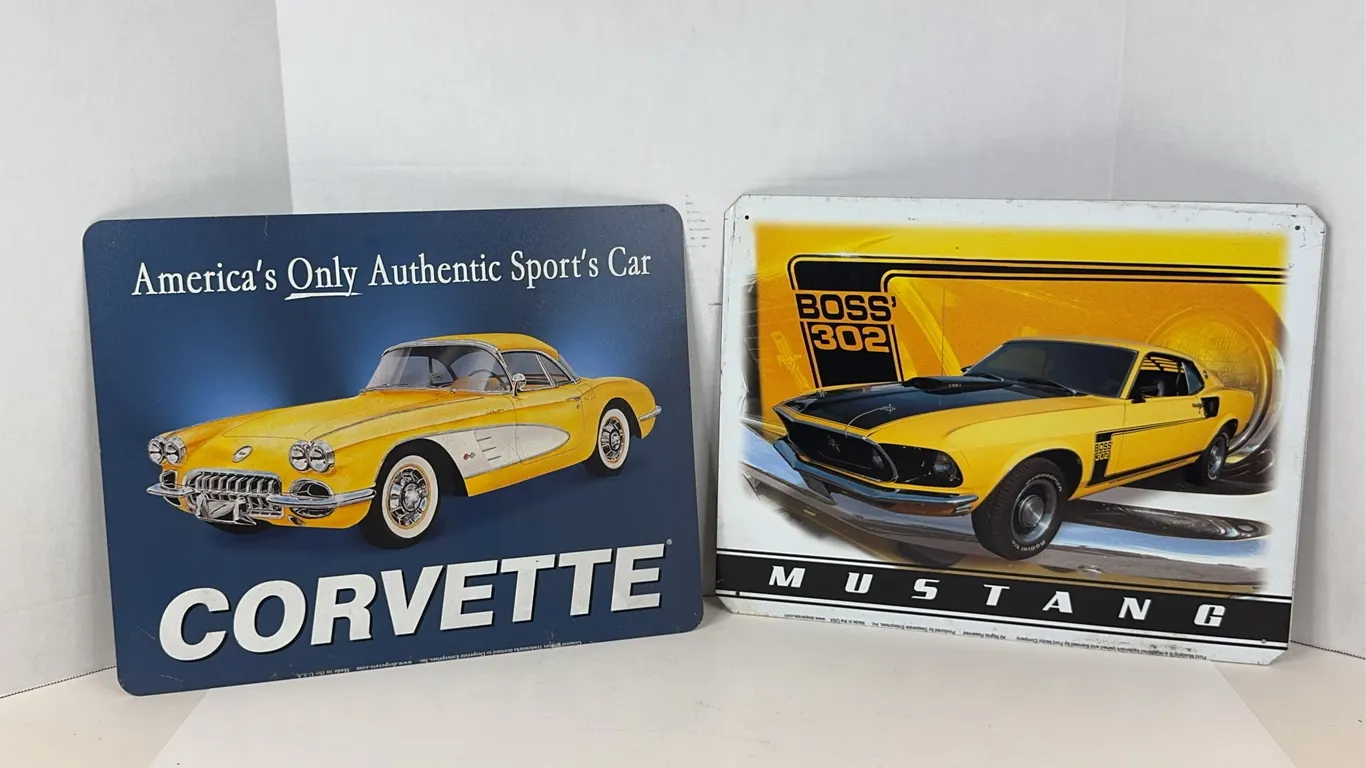 Chevrolet Corvette and Ford Mustang Boss 302 Metal Advertising Signs