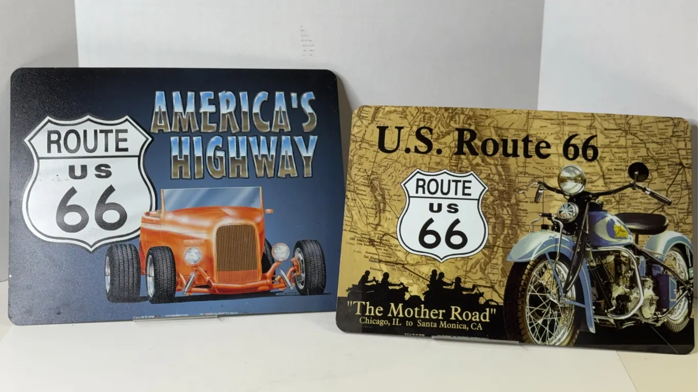 US Route 66 America's Highway Metal Signs Pair Hot Rod Motorcycle