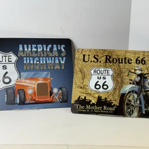US Route 66 America's Highway Metal Signs Pair Hot Rod Motorcycle