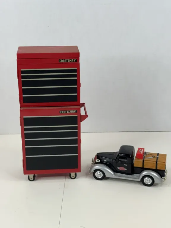 Craftsman Miniature Rolling Tool Chest and 1937 Chevy Diecast Bank