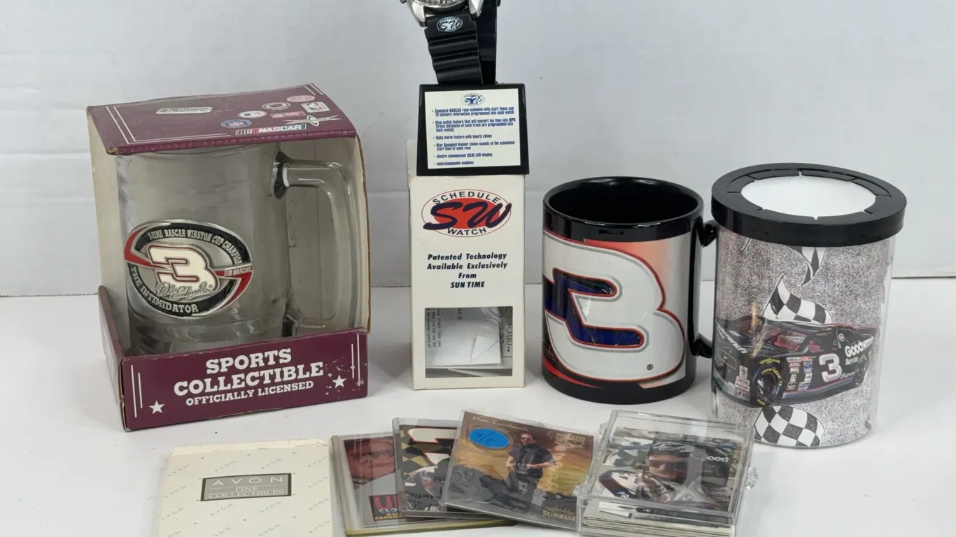 Dale Earnhardt NASCAR Memorabilia Lot Watch Gold Card Drinkware Cards
