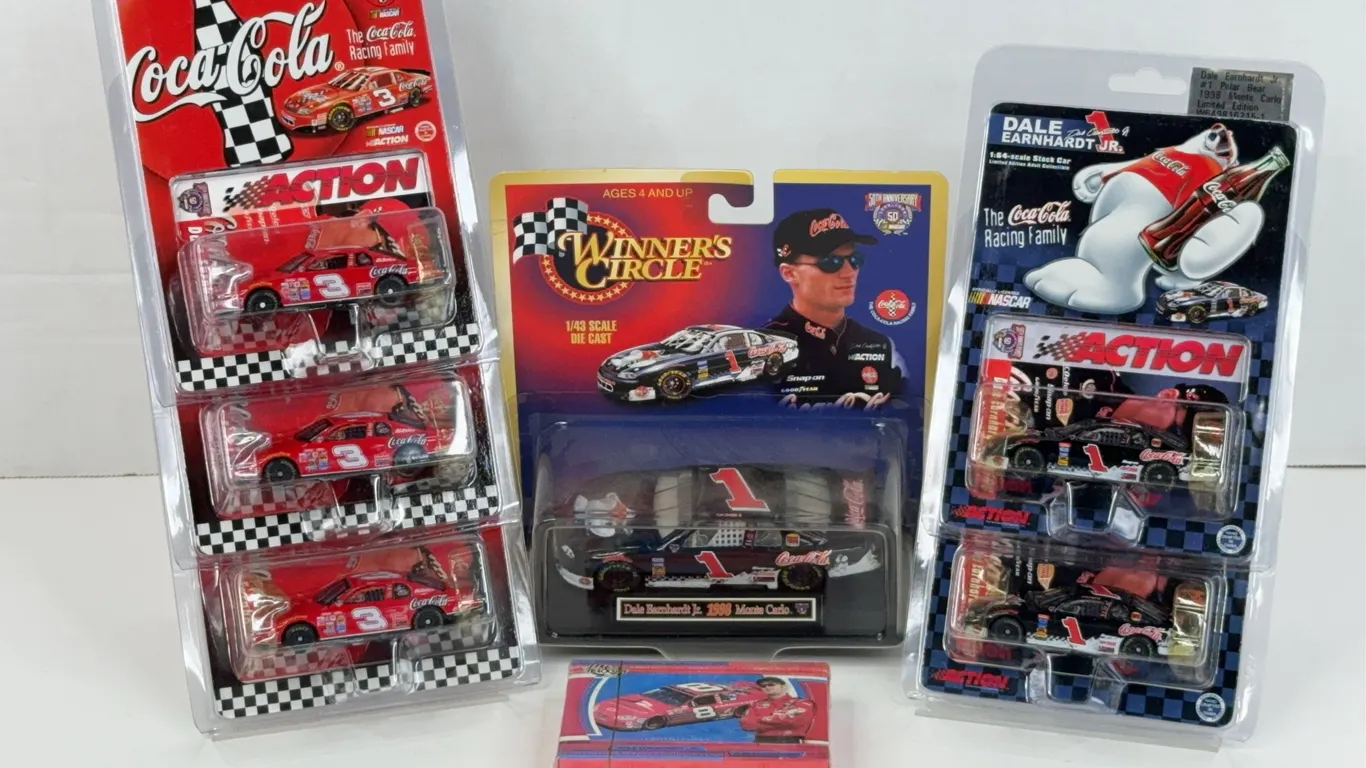 Dale Earnhardt Sr and Jr Coca-Cola Diecast Cars and Playing Cards
