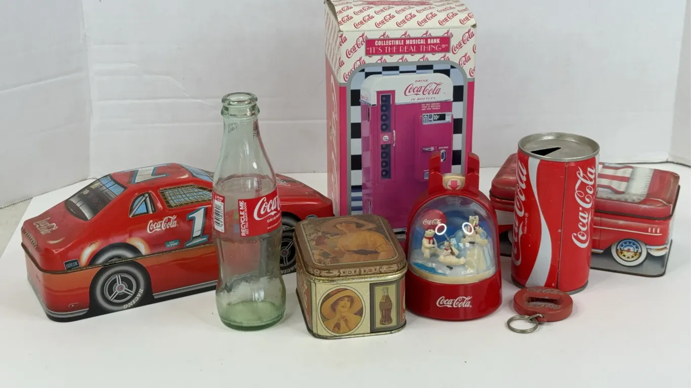 Coca-Cola Musical Vendo Bank Tins Glass Bottle and Collectibles Lot