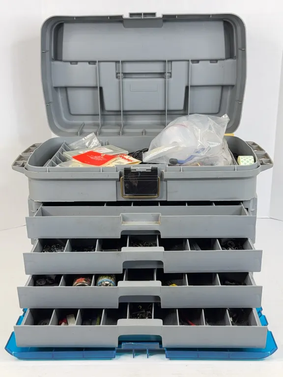 Plano Tackle Style Toolbox with RC Car Parts Motors and Hardware