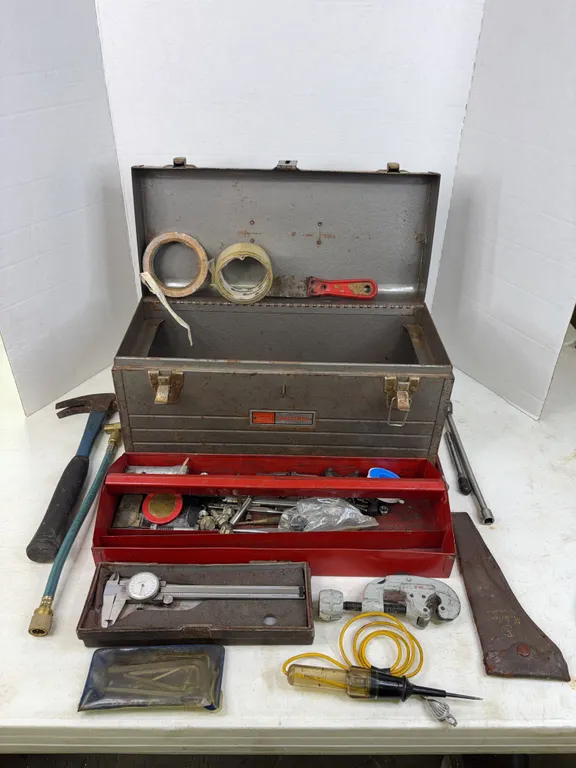 Sears Craftsman Metal Tool Box with Mitutoyo Caliper and Hand Tools