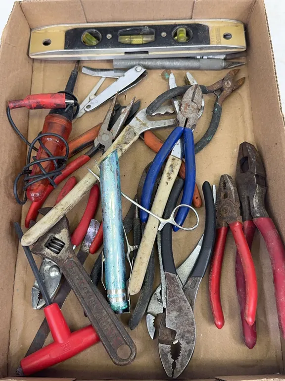 Assorted Hand Tools with Empire Torpedo Level and Pliers