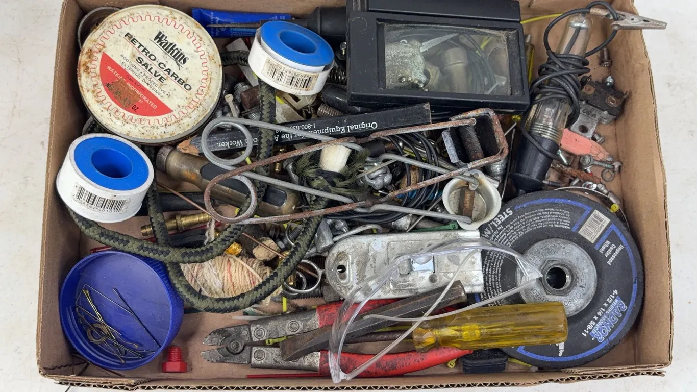 Assorted Workshop Hardware Tools and Watkins Retro-Carbo Salve Tin
