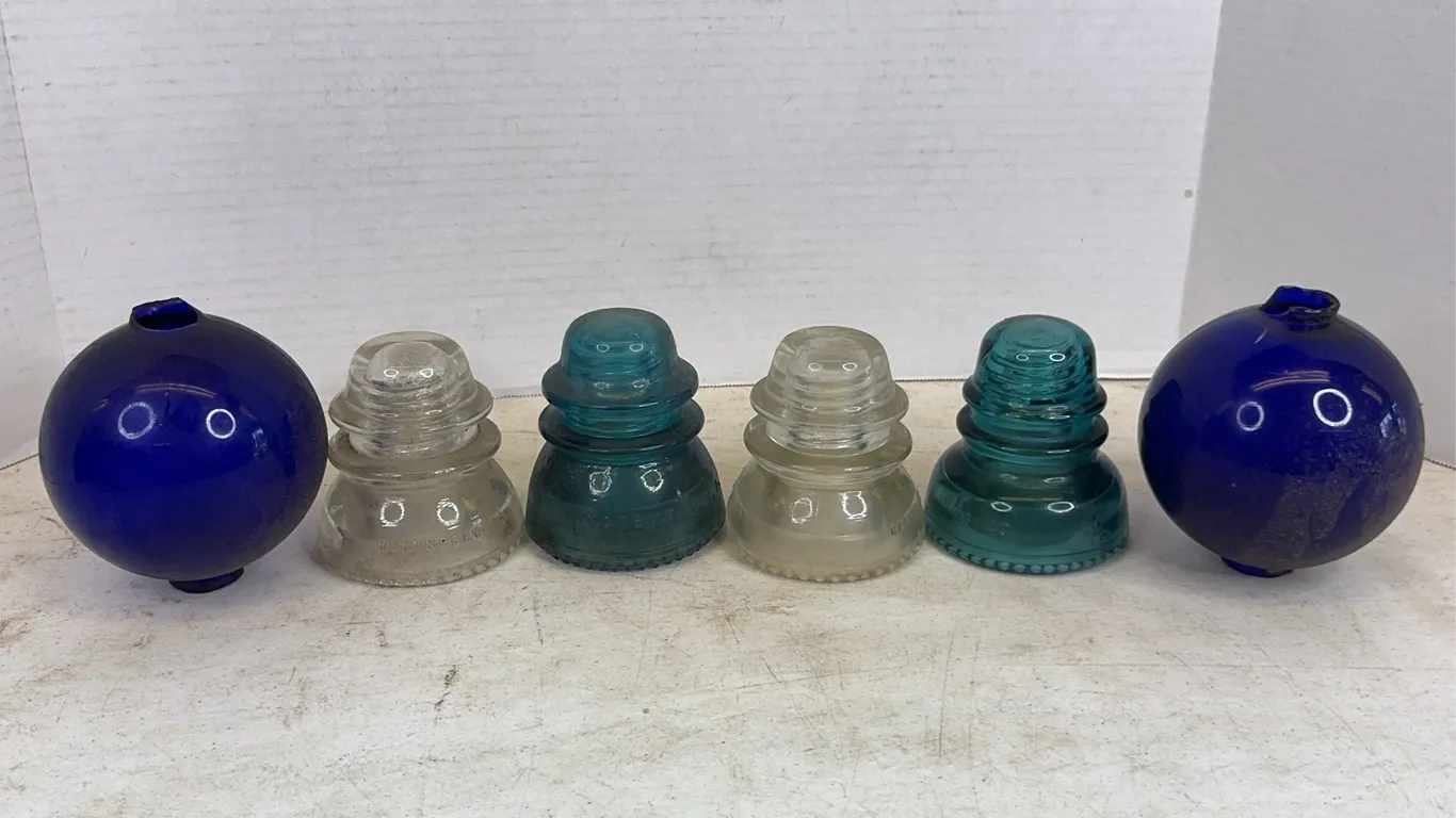 Hemingray Glass Telegraph Insulators and Cobalt Lightning Rod Balls Lot
