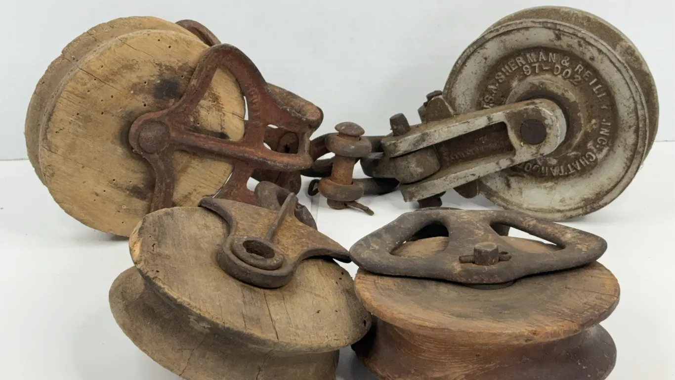 Antique Industrial Farm and Barn Pulleys Featuring Sherman & Reilly