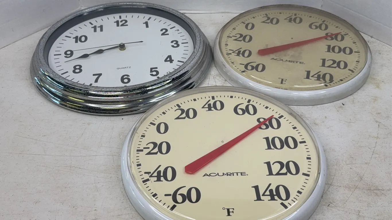 Retro Chrome Quartz Wall Clock and AcuRite Analog Thermometers