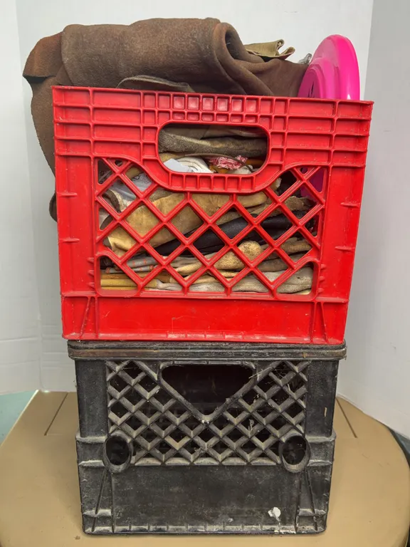 Plastic Milk Crates with Leather Work Gloves and Disc