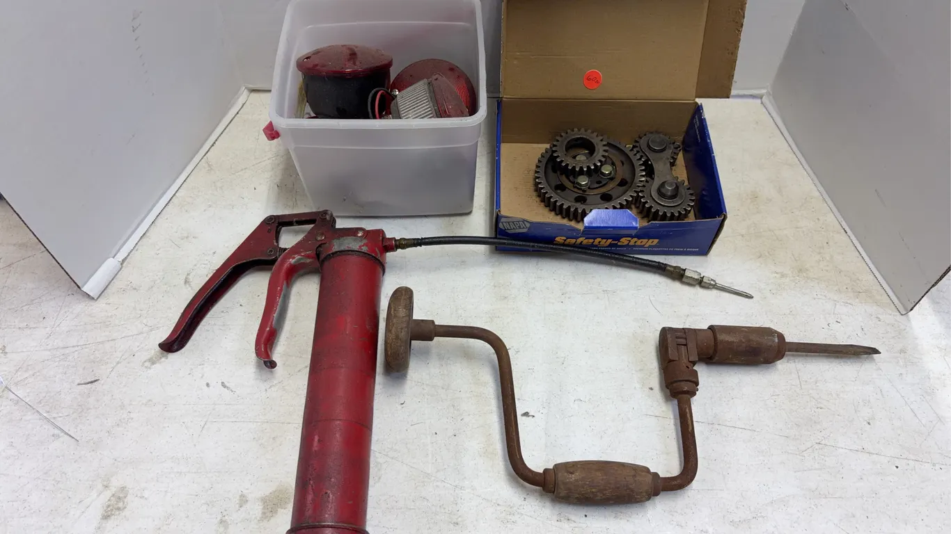 Assorted Garage Tools, Hand Brace, Grease Gun and Automotive Parts