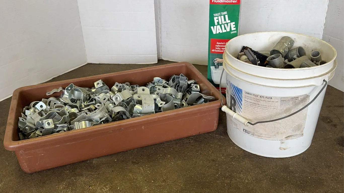 Assorted Electrical Hardware Conduit Clamps and Fluidmaster Fill Valve Lot