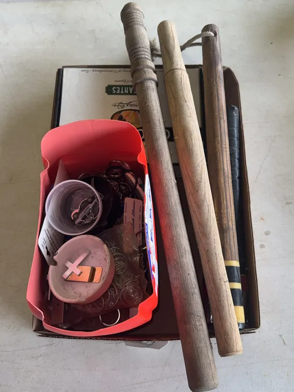 Assorted Lot of Wooden Batons Nunchaku and Promotional Keychains