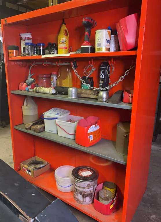 Industrial Orange Steel Utility Shelving Unit with Garage Supplies Lot