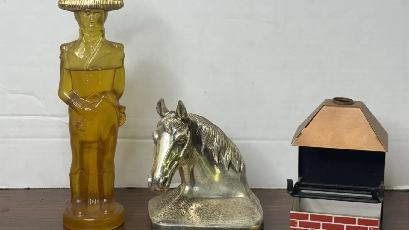Old Spice Decanter Brass Horse Bookend and Novelty Ashtray