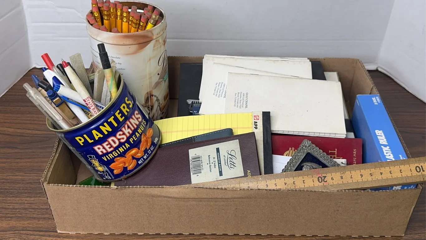 Assorted Office Supplies Advertising Tins Notebooks and Stationery Lot